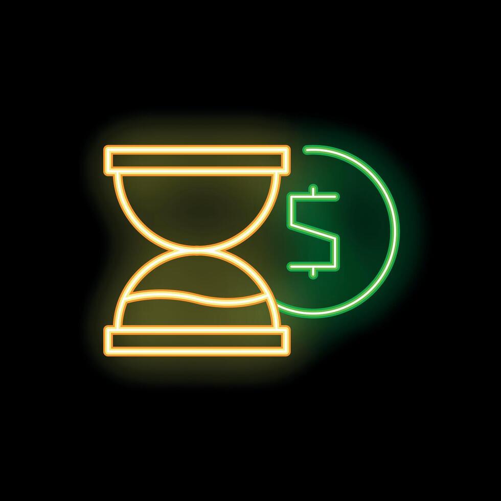 Neon sign representing hourglass measuring time passing with dollar sign showing money value vector