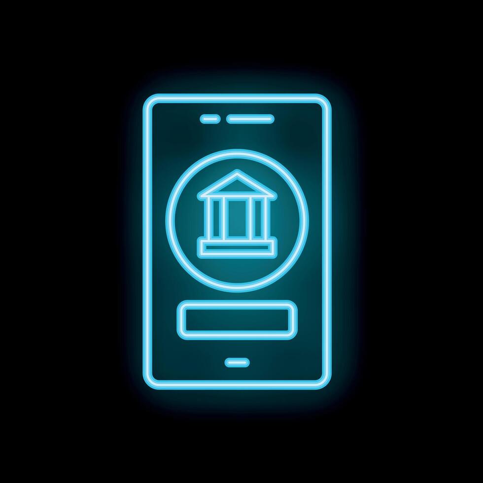 Neon blue mobile banking app icon showing online finances vector
