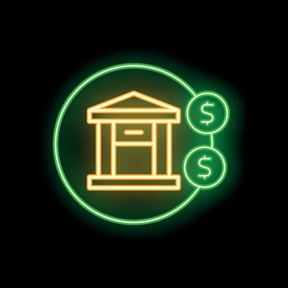 Neon green bank icon circled with dollar coins on black background vector