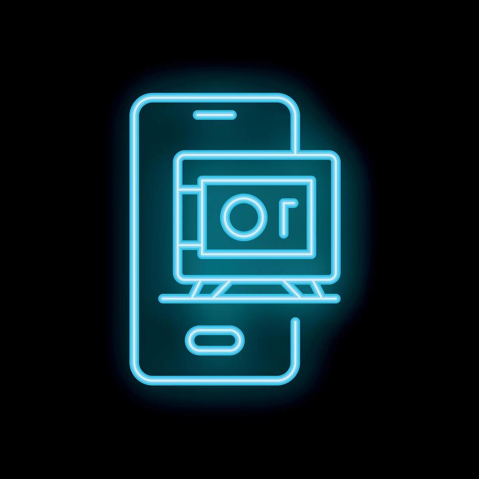Neon icon of smartphone displaying augmented reality content vector