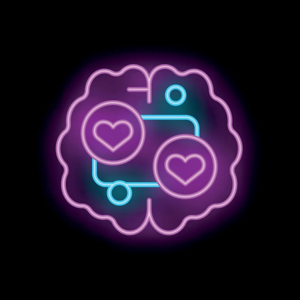 Neon brain processing love and emotions with heart symbols vector