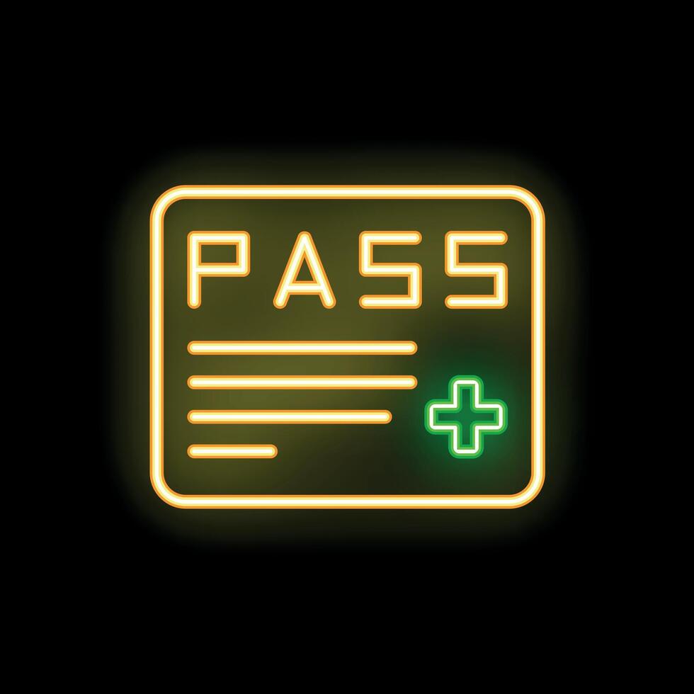 Neon yellow vaccination document icon glowing on black background vector