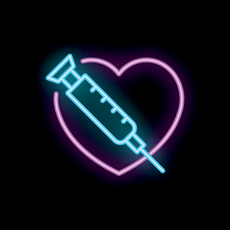 Neon syringe injecting love potion into glowing heart vector