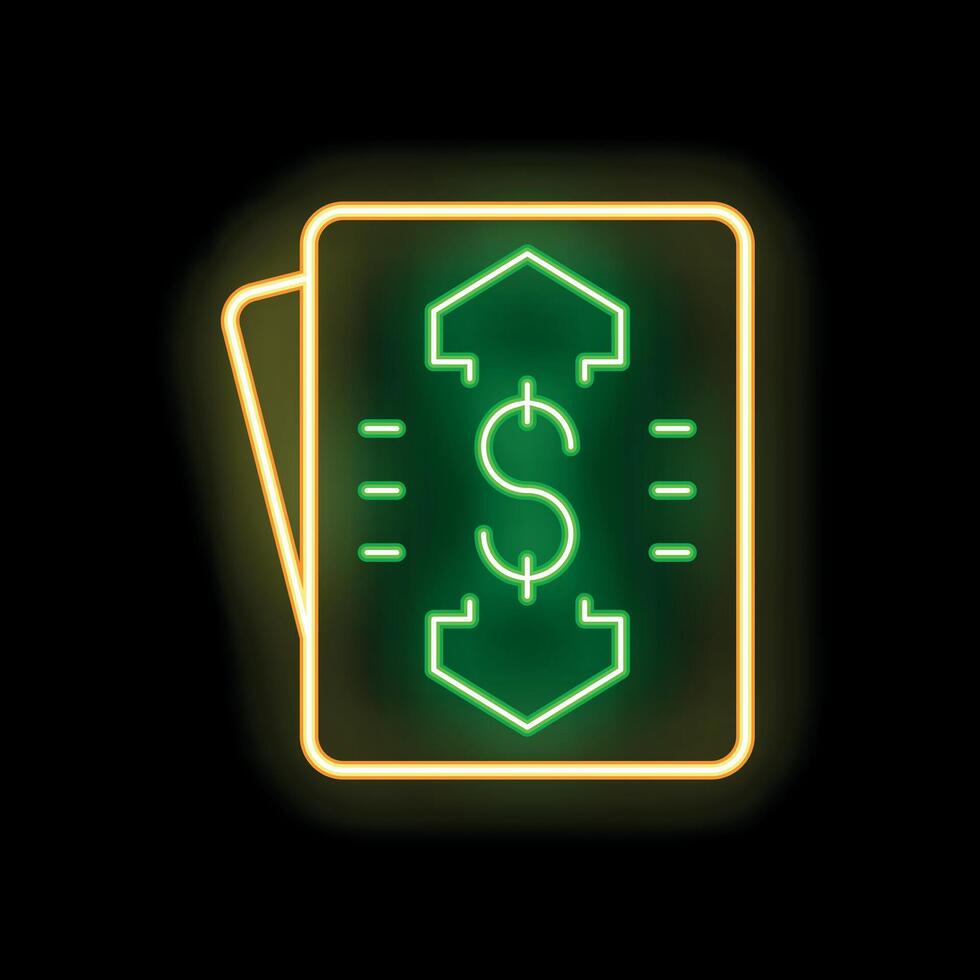 Neon green money transaction icon glowing on dark background vector