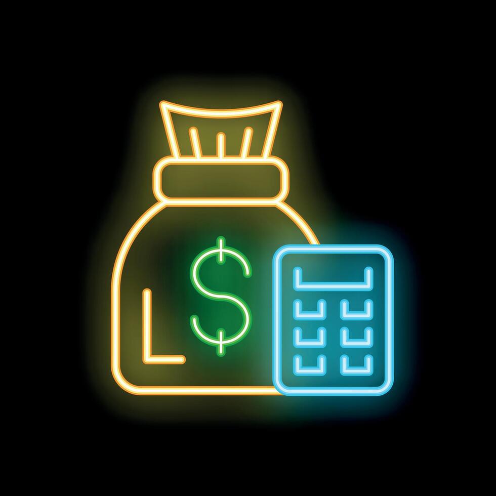 Neon sign representing money bag with dollar sign and calculator vector