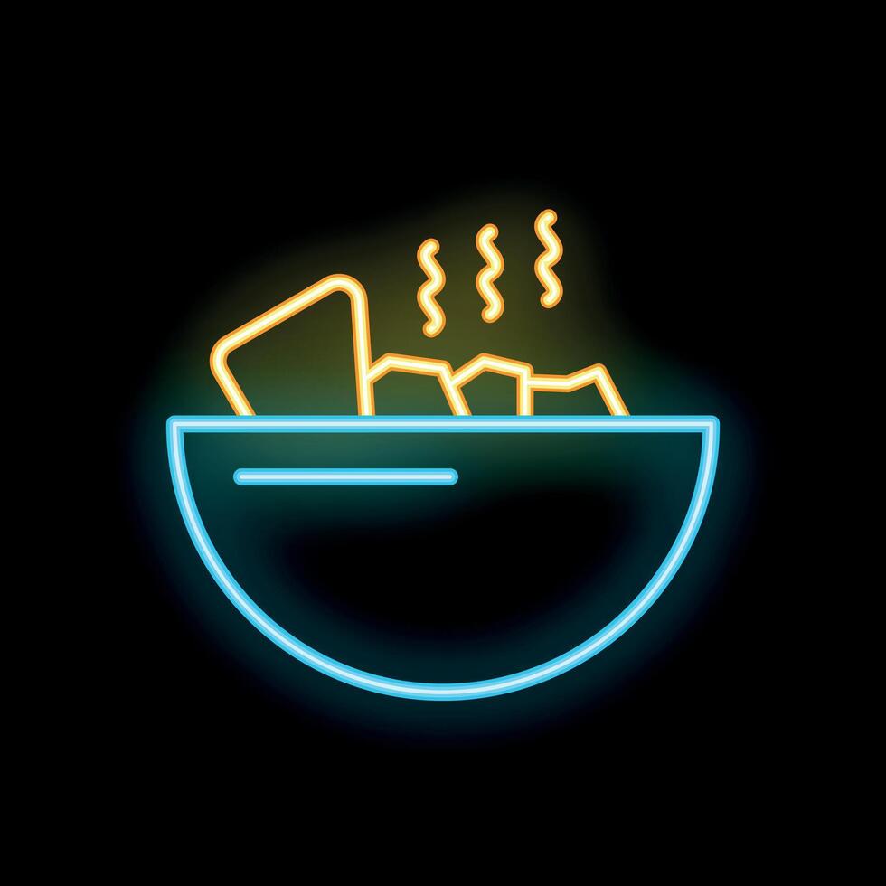 Neon sign of steaming bowl of food on black background vector