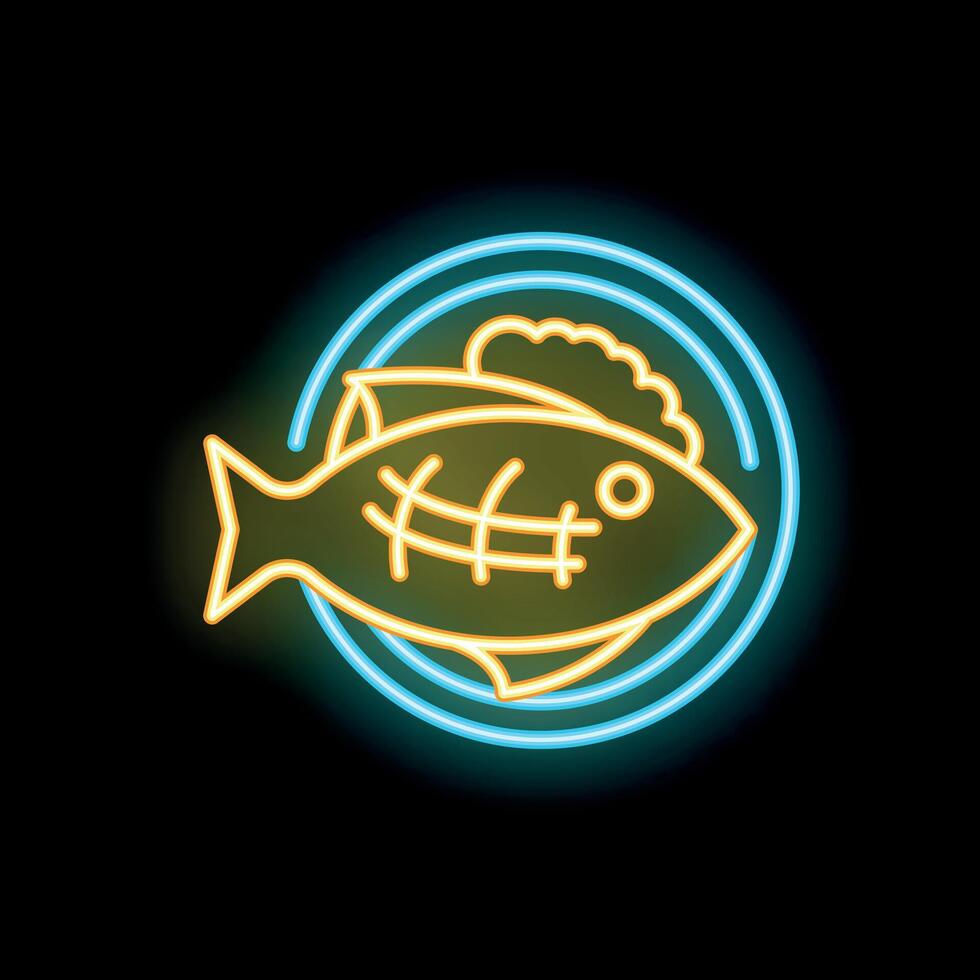 Grilled fish lying on plate neon sign with black background vector