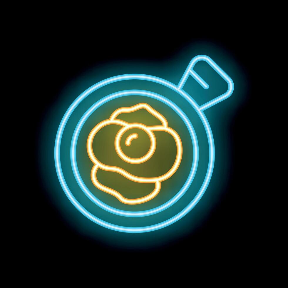 Neon sign of fried egg in pan on black background vector