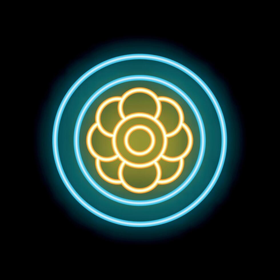 Neon flower shining inside glowing circles on black background vector