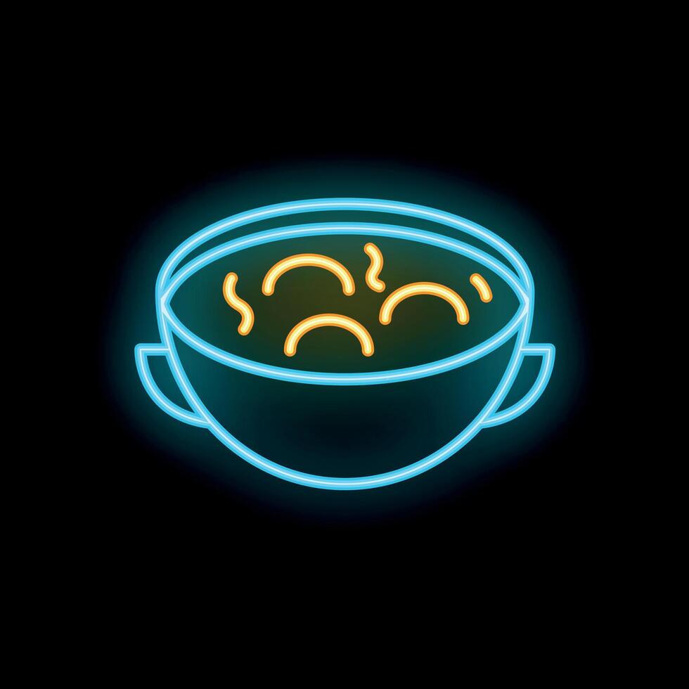 Neon sign showing steaming hot bowl of soup on black background vector