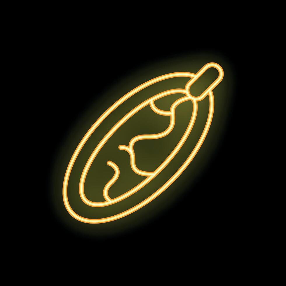 Yellow neon icon of a classic hot dog in a bun with mustard glowing on a black background vector