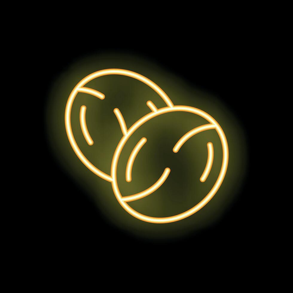 Yellow neon sign of two whole walnuts on black background vector