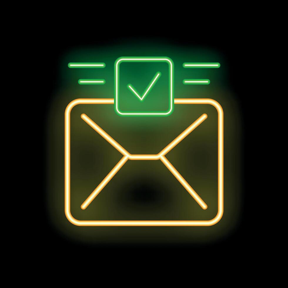 Neon envelope receiving confirmation with green check mark vector