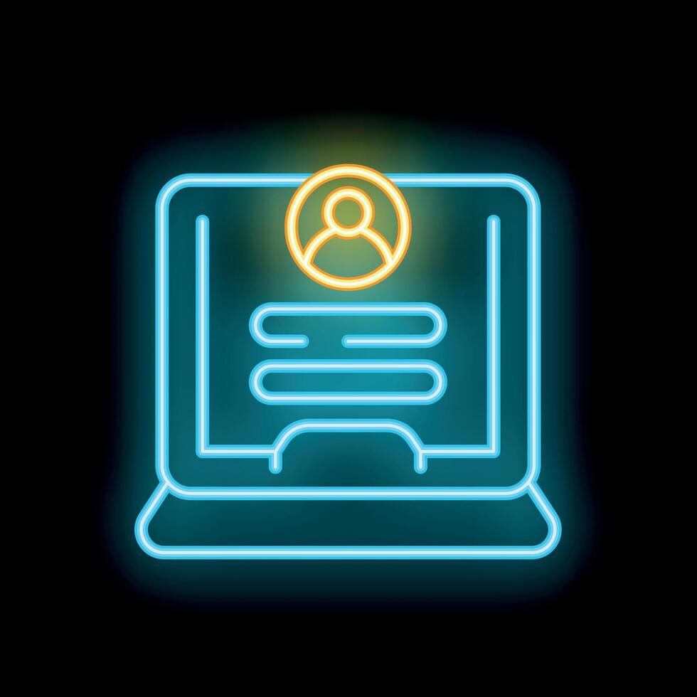Neon icon of laptop showing user profile with personal information vector