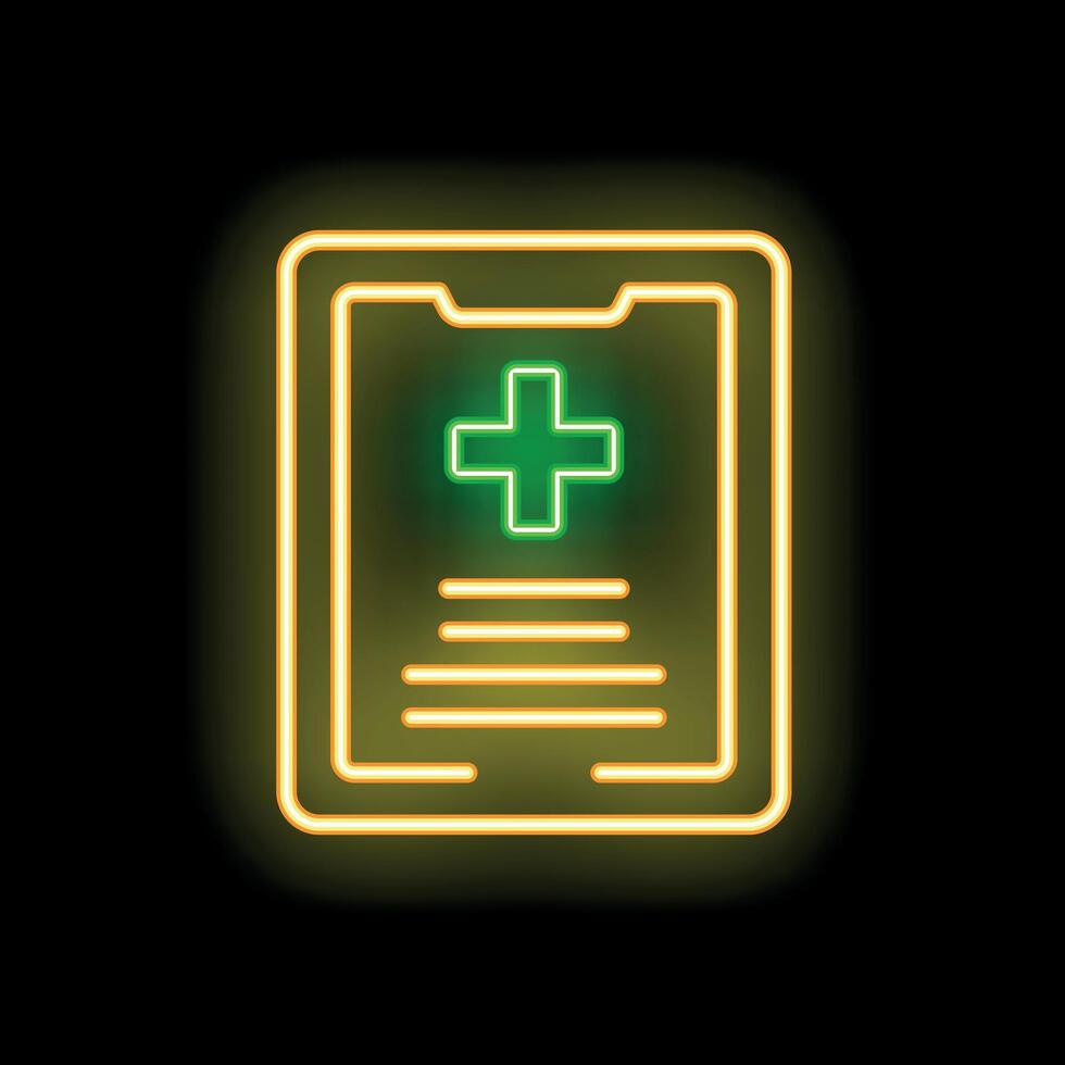 Glowing neon sign showing medical report icon on a brick wall background vector