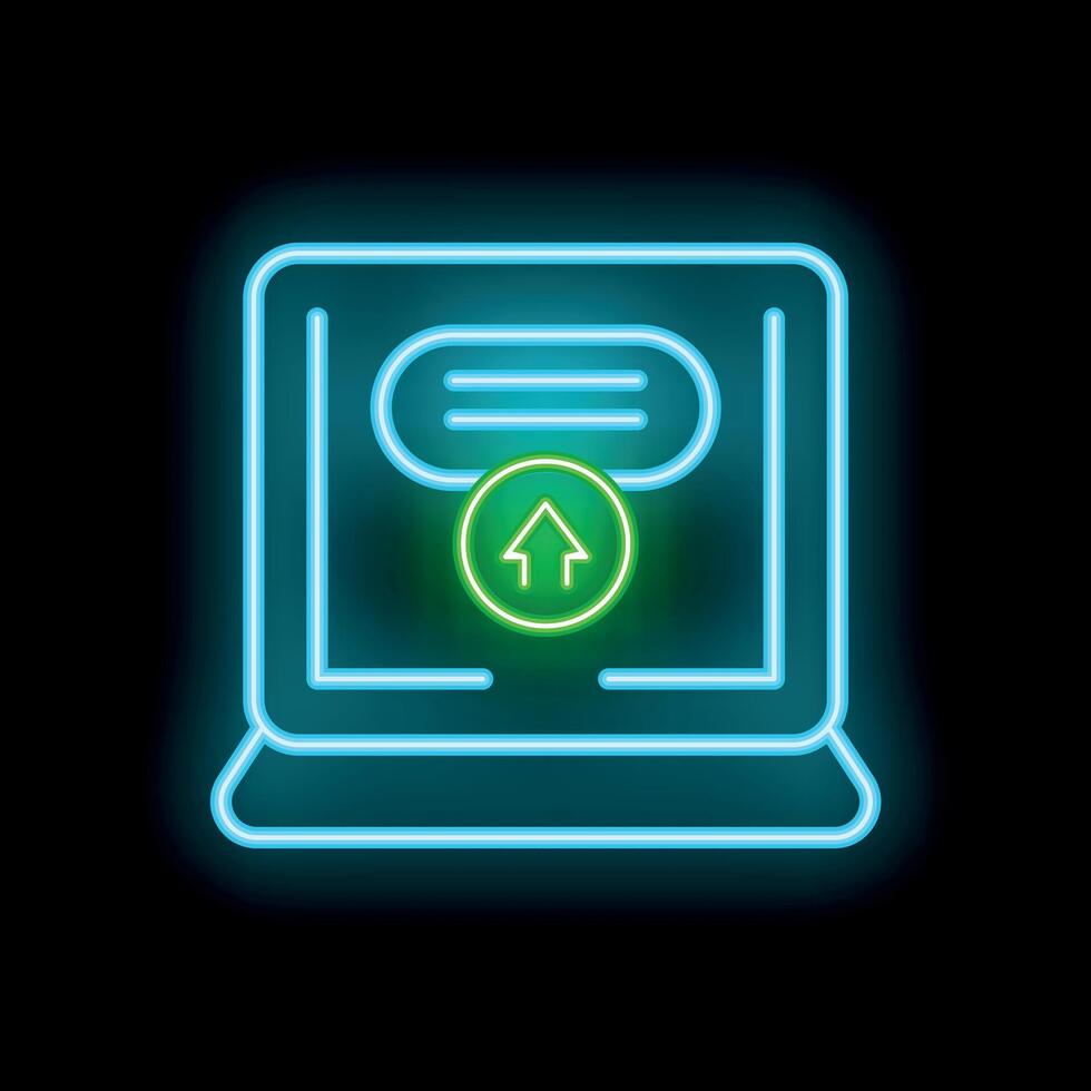 Neon icon representing uploading data to cloud storage on laptop vector
