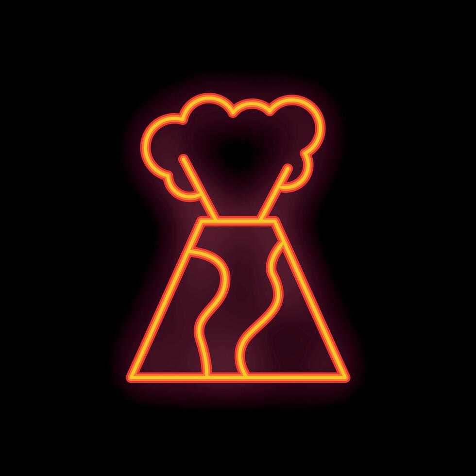 Neon volcano erupting with lava and smoke on black background vector