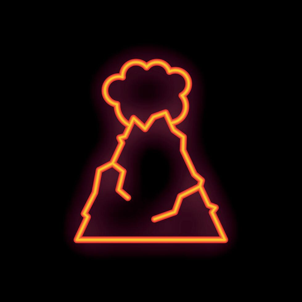 Glowing neon sign of volcano erupting with smoke on black background vector