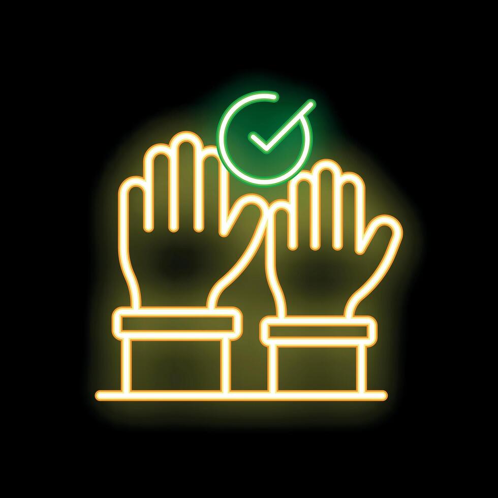 Two people voting raising hands with check mark neon sign vector