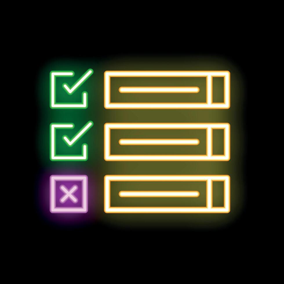 Neon check mark icon glowing on dark background vector