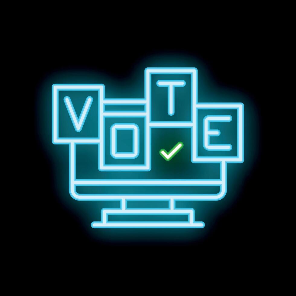Neon sign representing online voting on a computer with vote tiles and checkmark vector