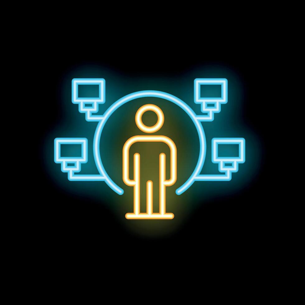 Neon icon of person standing surrounded by computer monitors vector