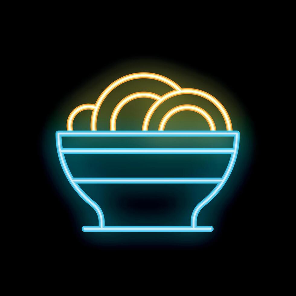 Neon icon of a bowl of noodles glowing on black background vector