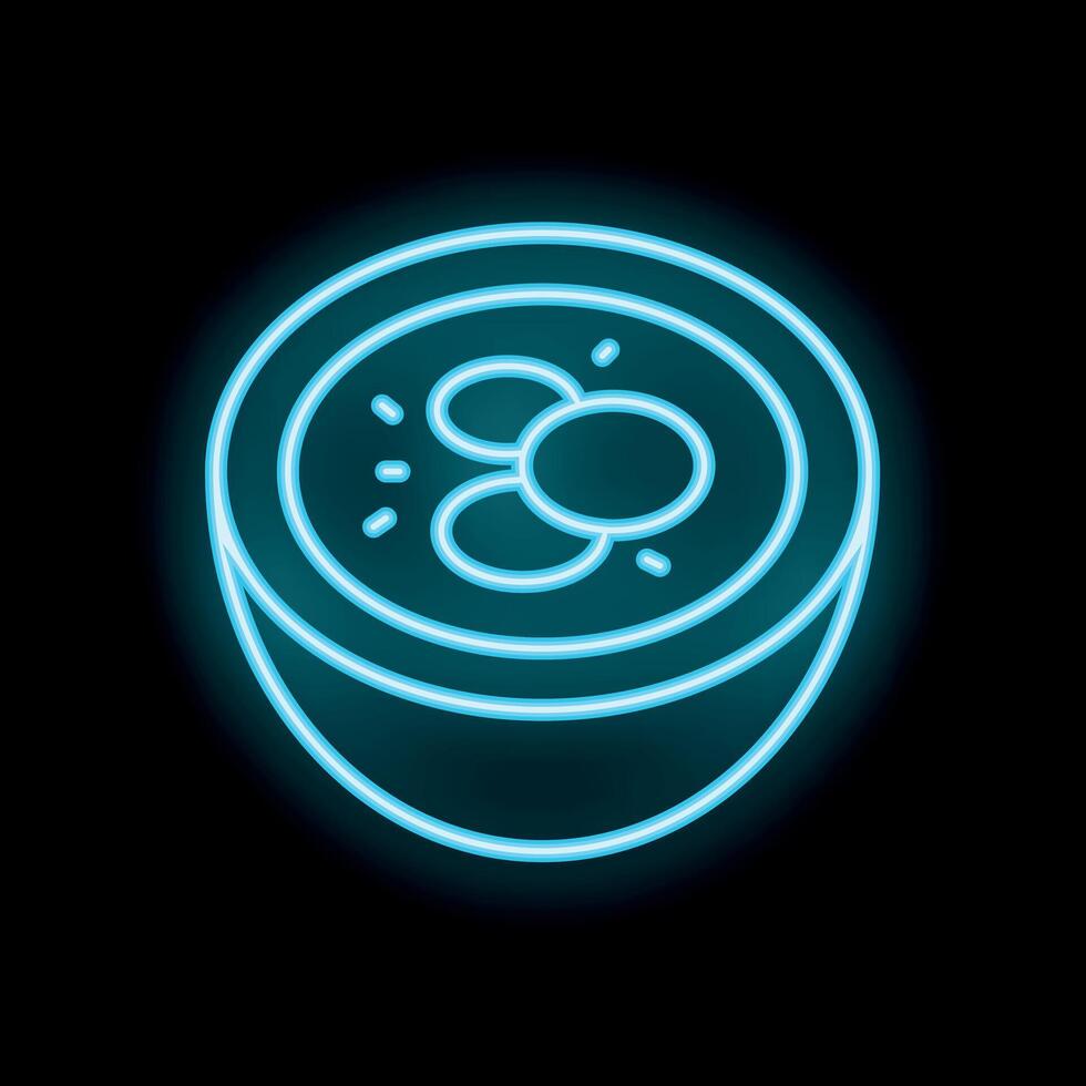 Neon icon of a bowl of soup with meatballs glowing on black background vector