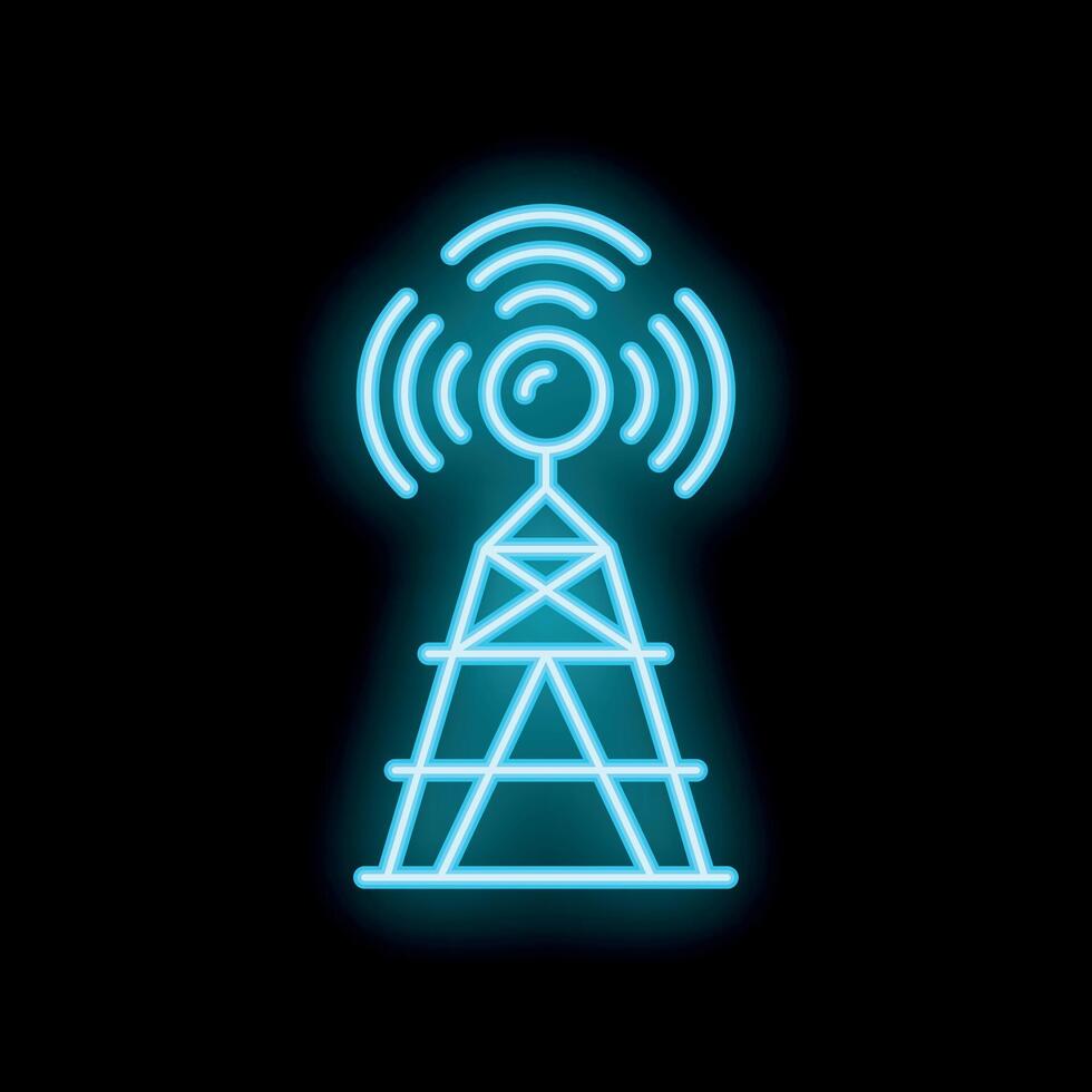 Neon icon of telecommunication tower transmitting signals vector