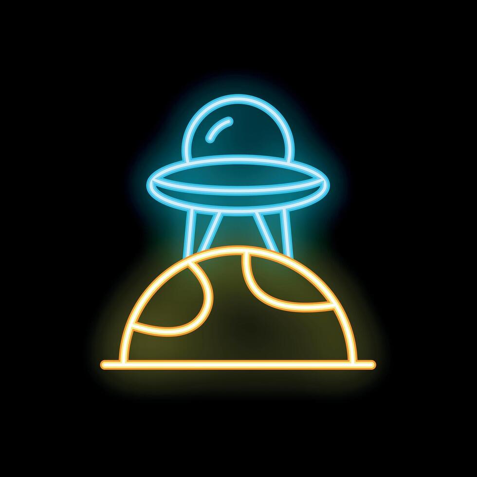 Neon sign depicting ufo hovering over planet surface vector