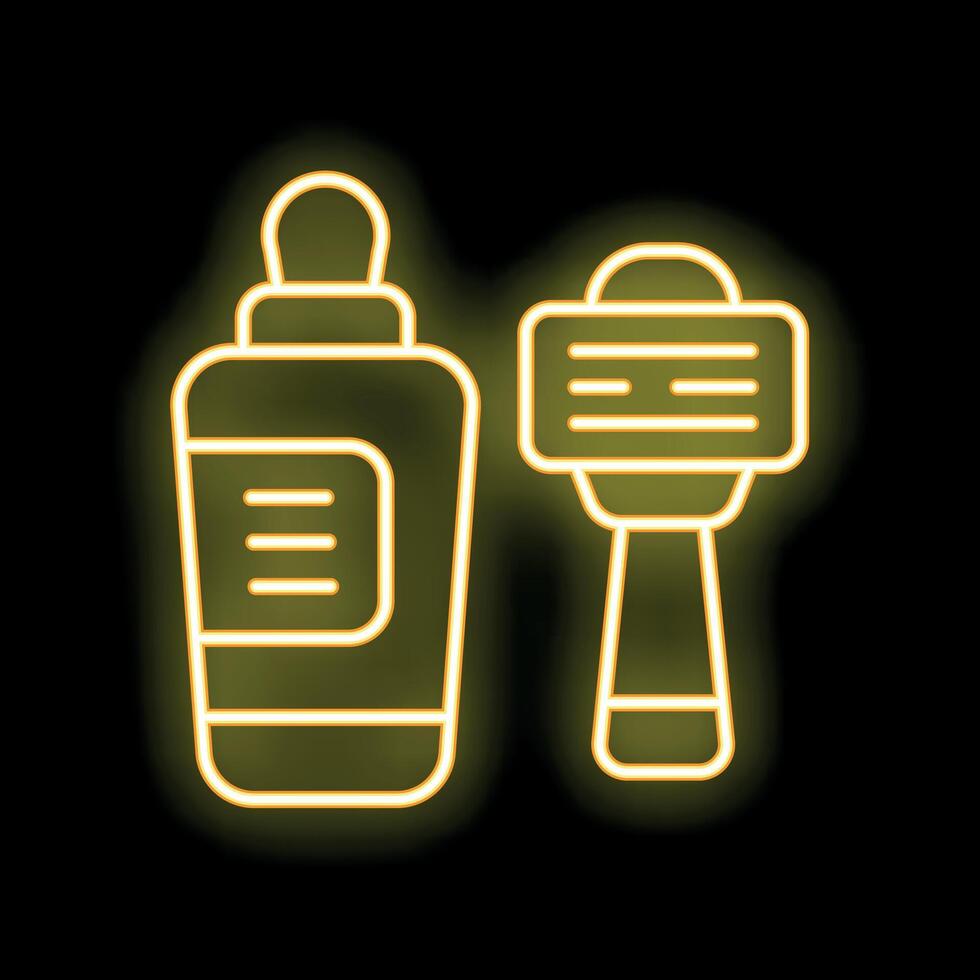 Neon shaving cream and razor icon glowing on black background vector