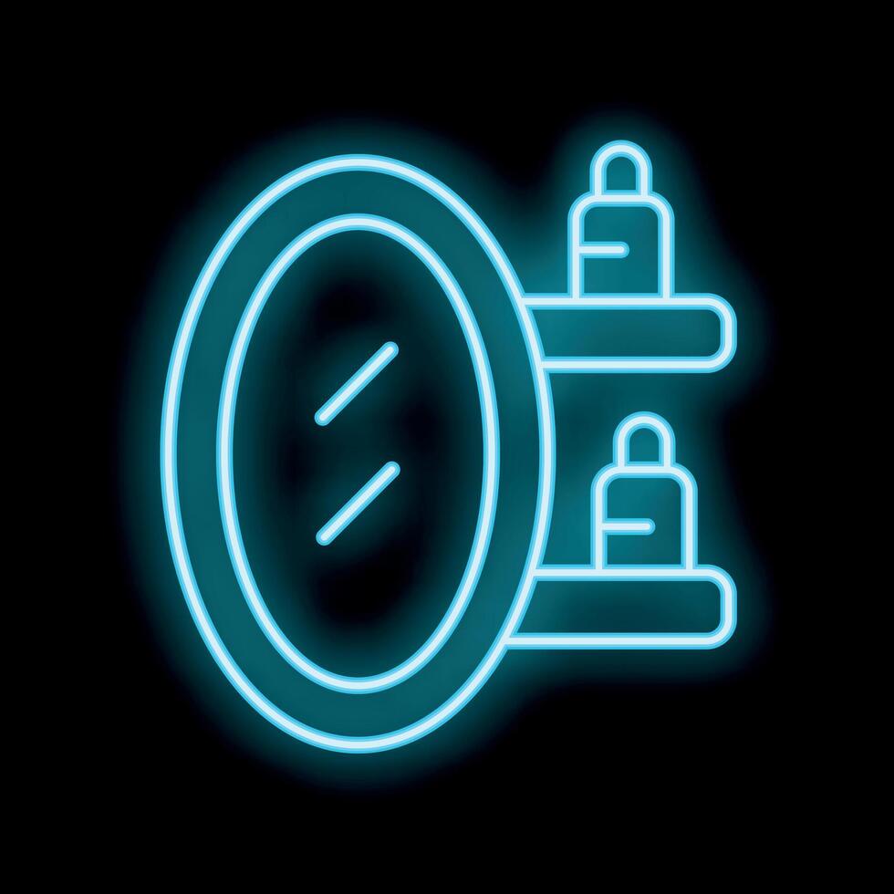 Neon icon of bathroom mirror and shelf with cosmetics glowing with blue light vector