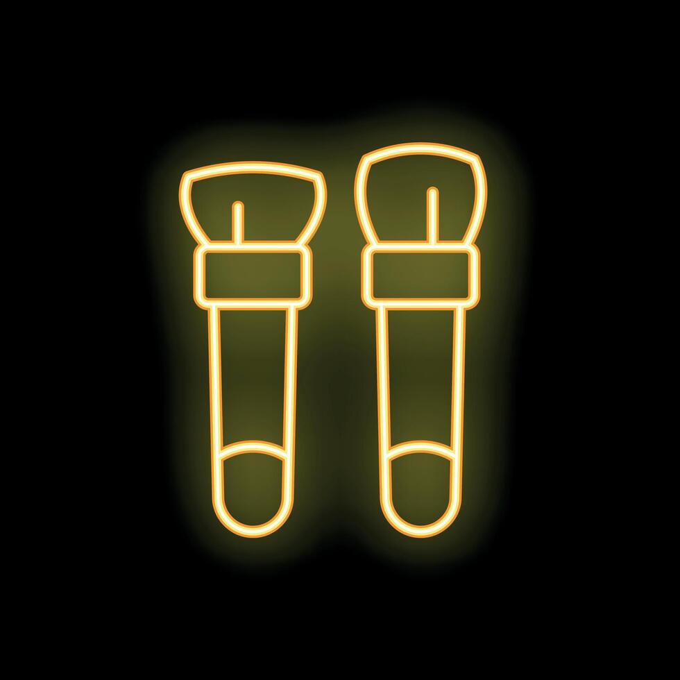 Neon icon of two makeup brushes glowing yellow on black background vector