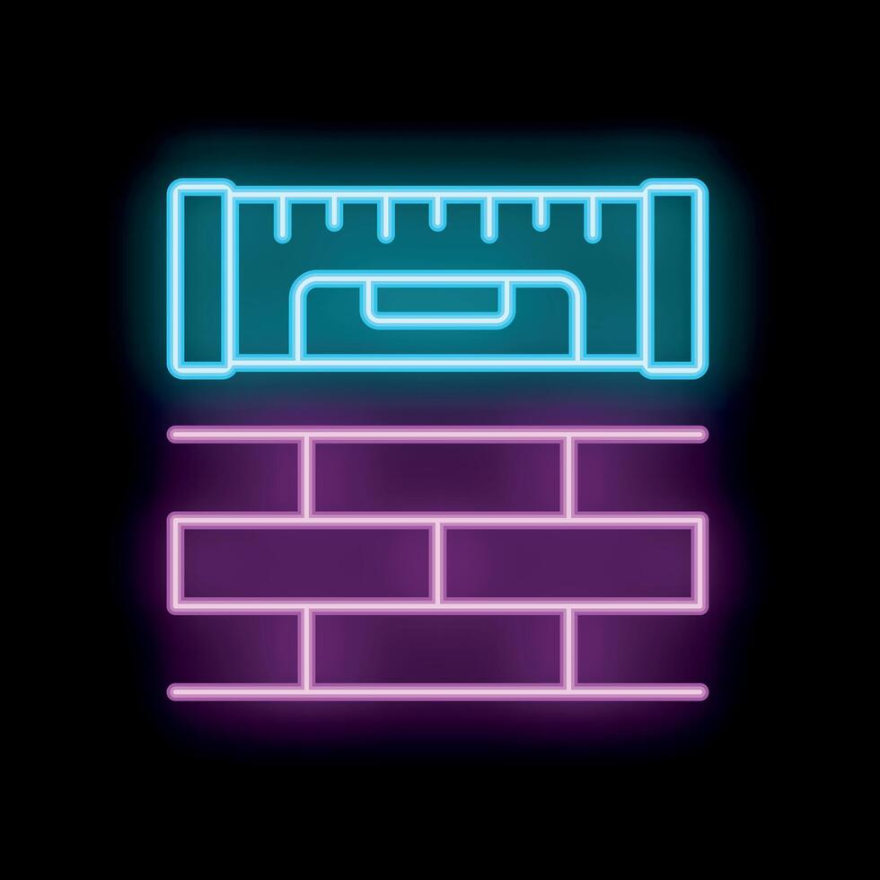 Neon spirit level measuring brick wall over black background vector