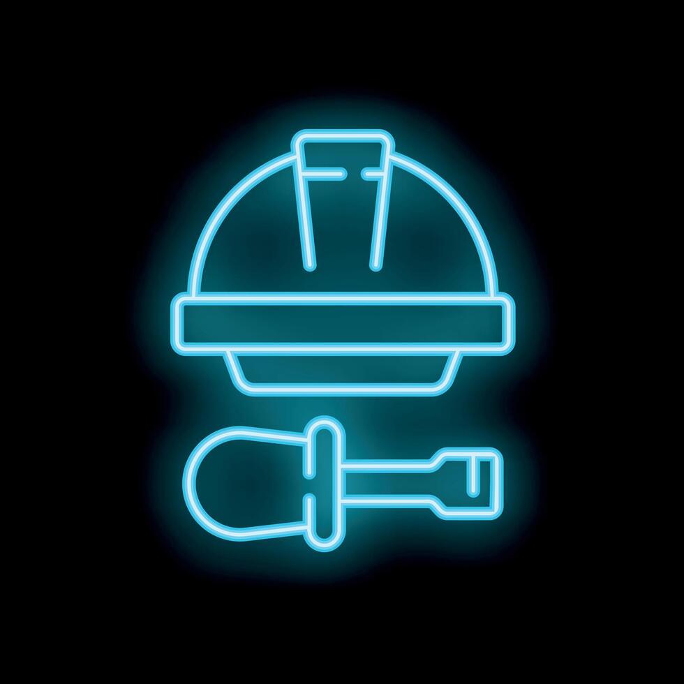 Neon sign of blue hard hat and screwdriver for construction work vector