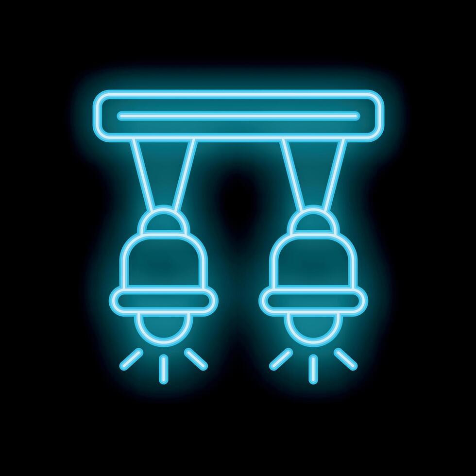 Neon blue icon of two hanging lights shining on black background vector
