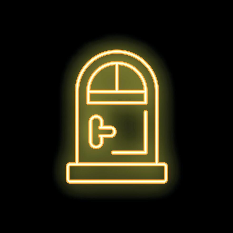 Yellow neon sign of closed door with arched window on black background vector