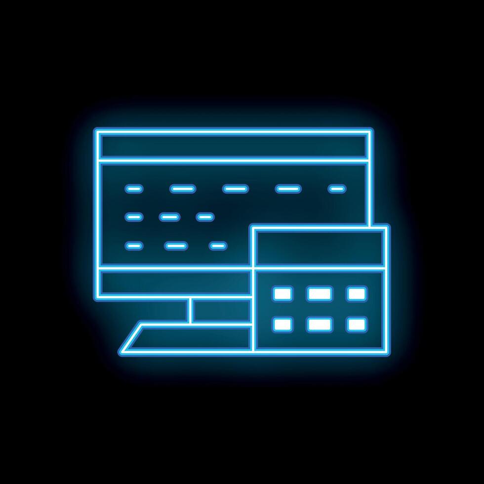 Neon icon of computer displaying code with calculator depicting programming vector
