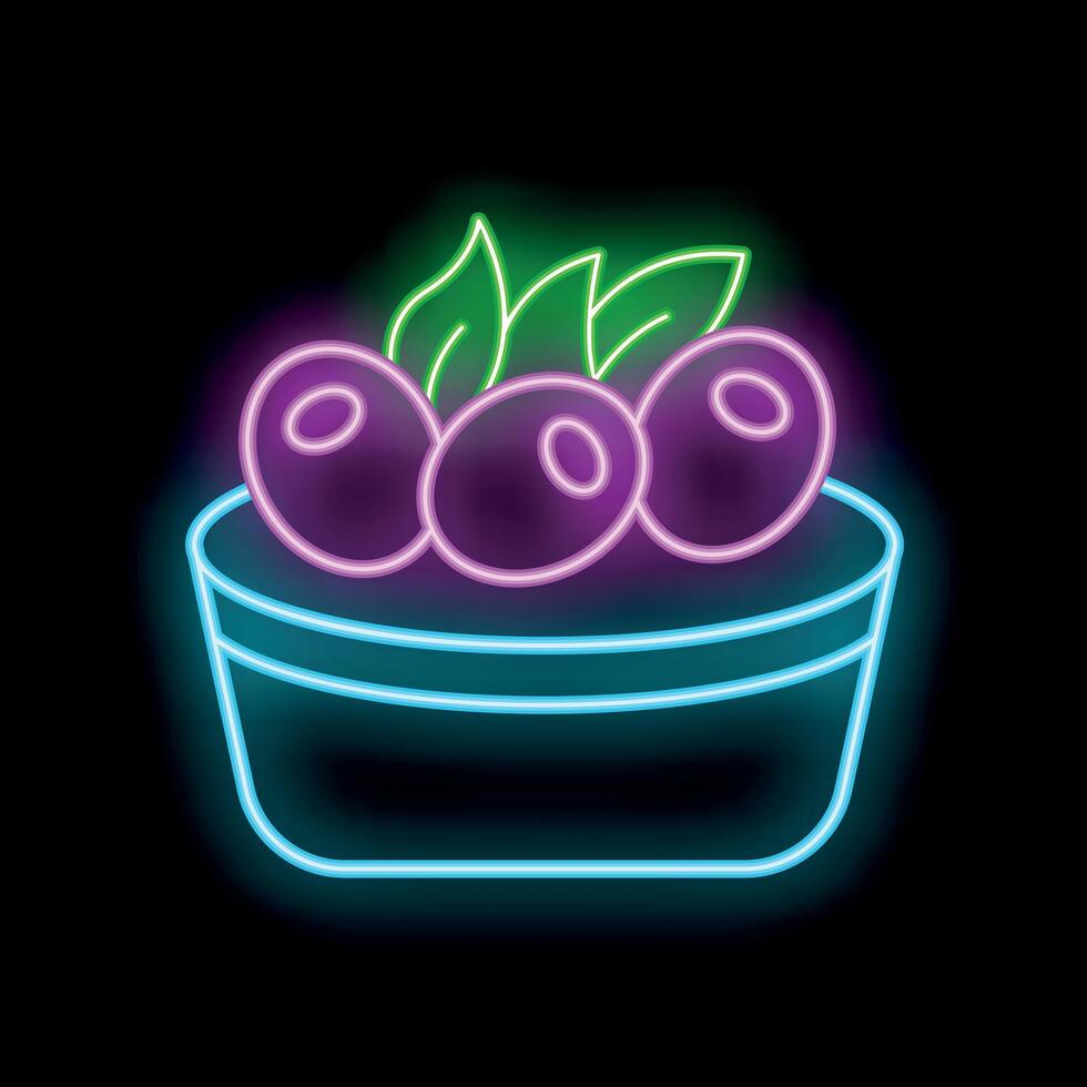 Neon sign of a bowl full of olives with leaves glowing on black background vector