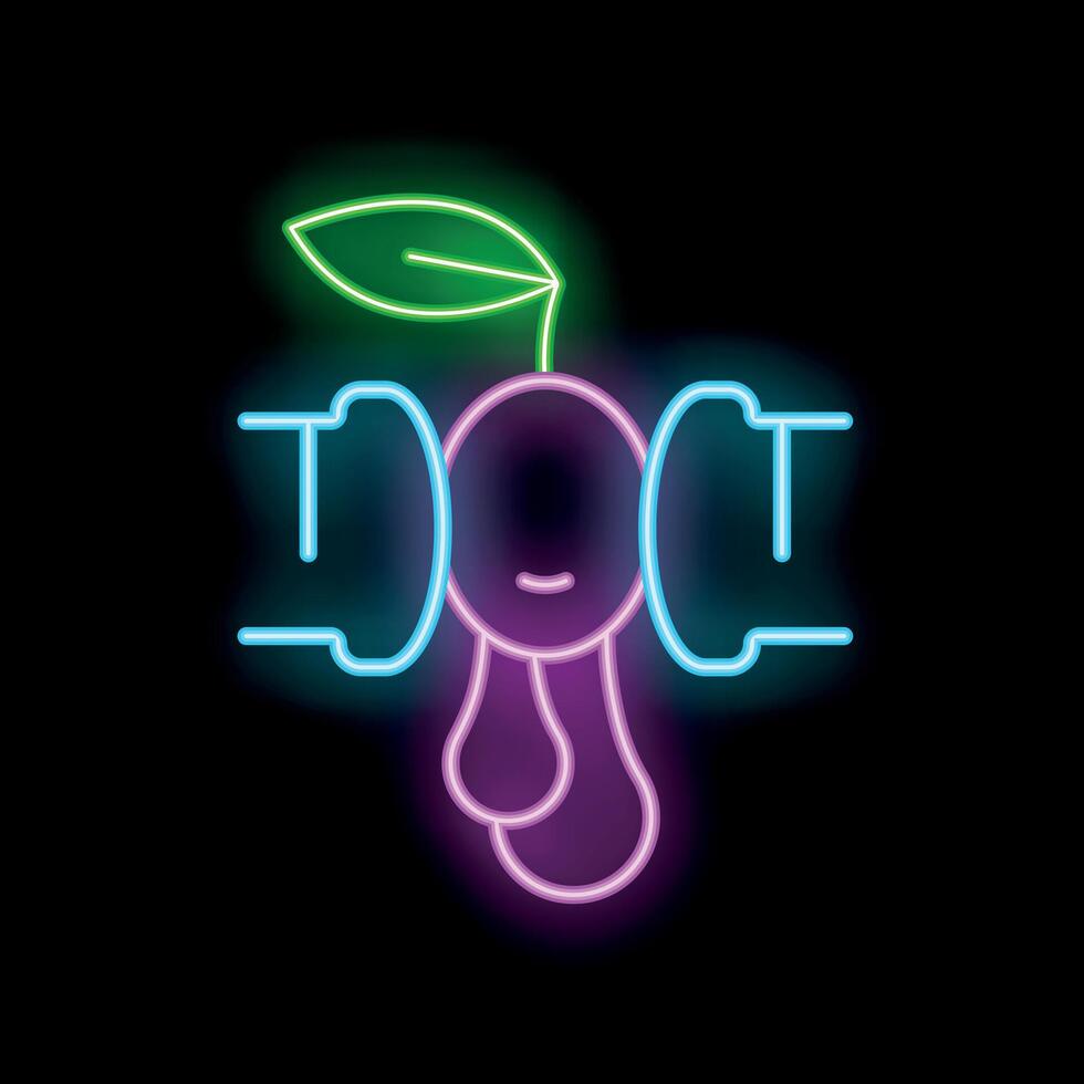 Neon sign depicting grape juice being squeezed from faucet on black background vector