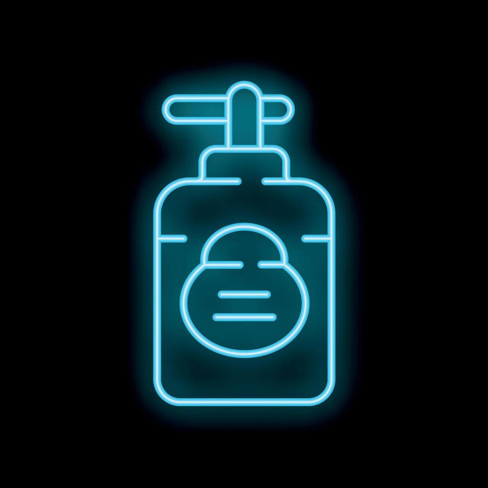 Blue neon sign showing a bottle of shampoo or shower gel on a black background vector