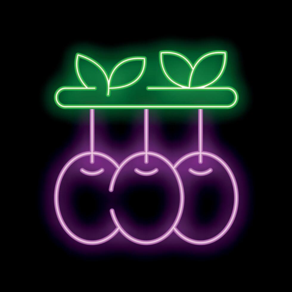 Neon icon of three plum fruits hanging from a branch with leaves vector