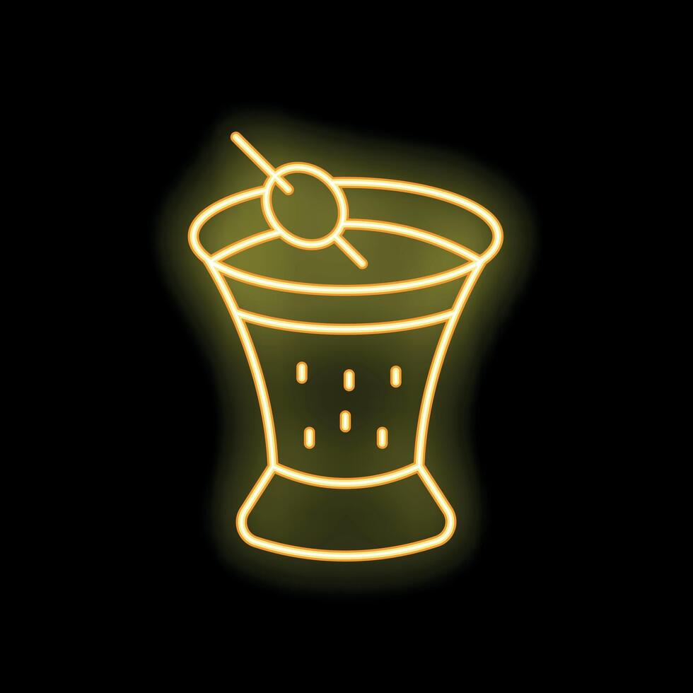 Neon sign showing cocktail glass with olive on stick glowing on black background vector