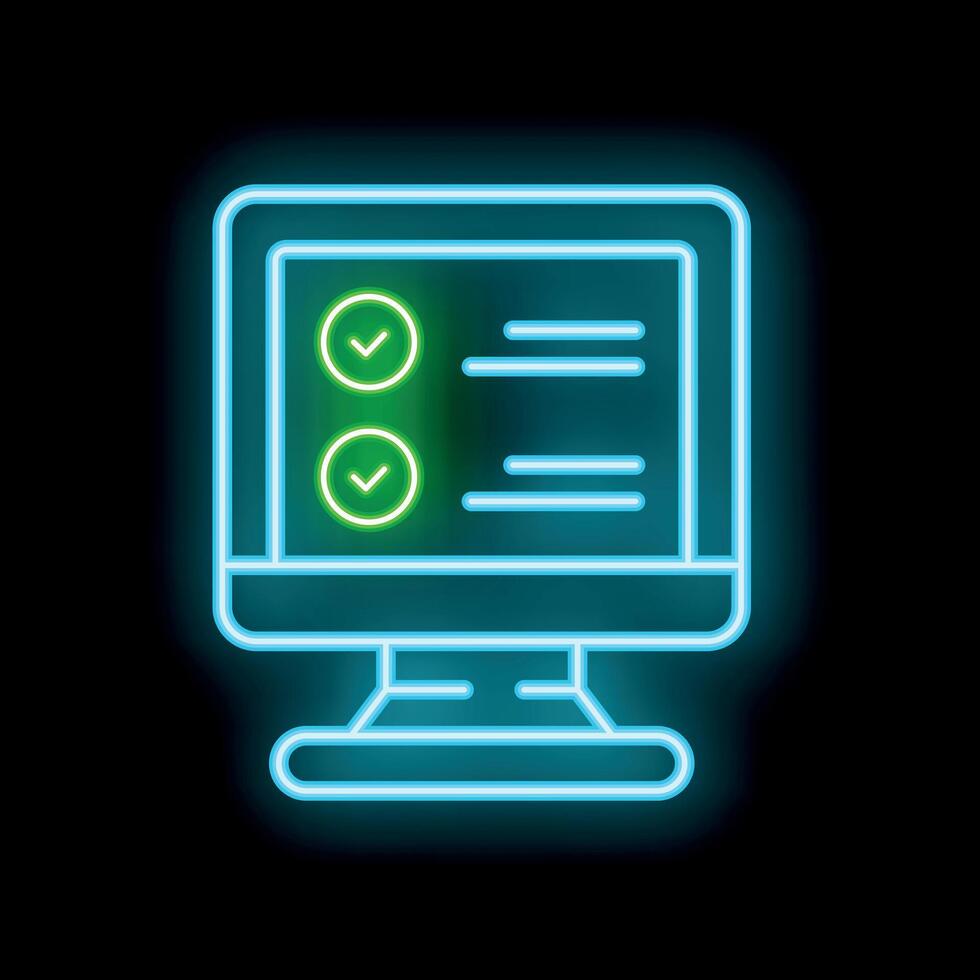 Neon icon of computer screen displaying completed online checklist vector