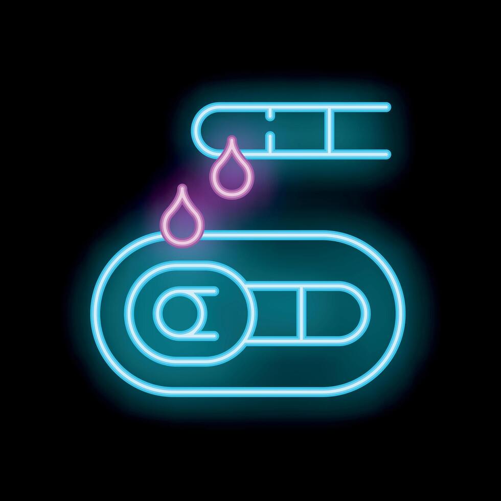 Neon icon of blood dropping on glucose test strip for diabetes control vector
