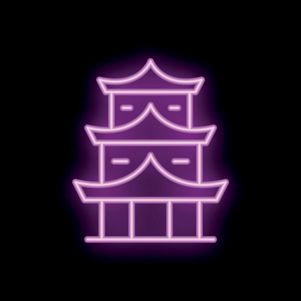 Neon sign featuring a pagoda building glowing purple on black background vector