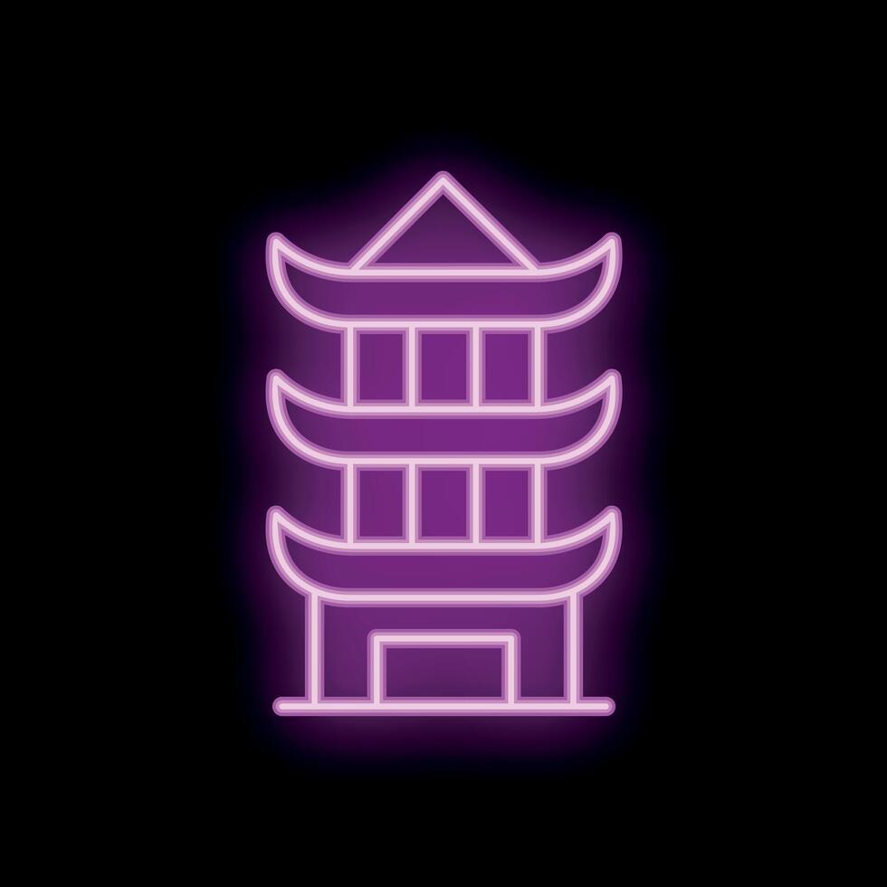Neon sign representing a pagoda tower shining on black background vector