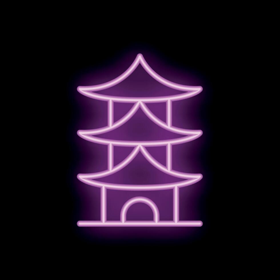 Glowing neon sign representing a pagoda on a black background vector