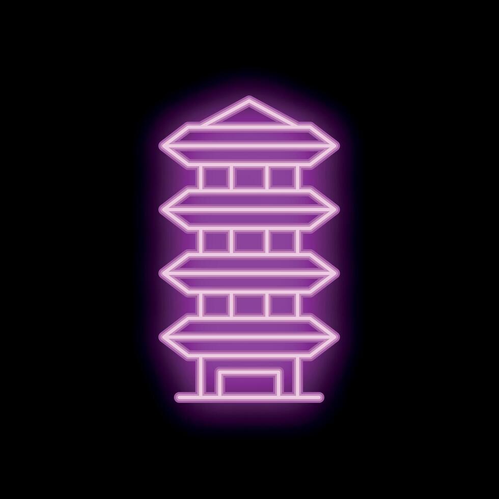 Purple neon sign of a pagoda on a black background vector