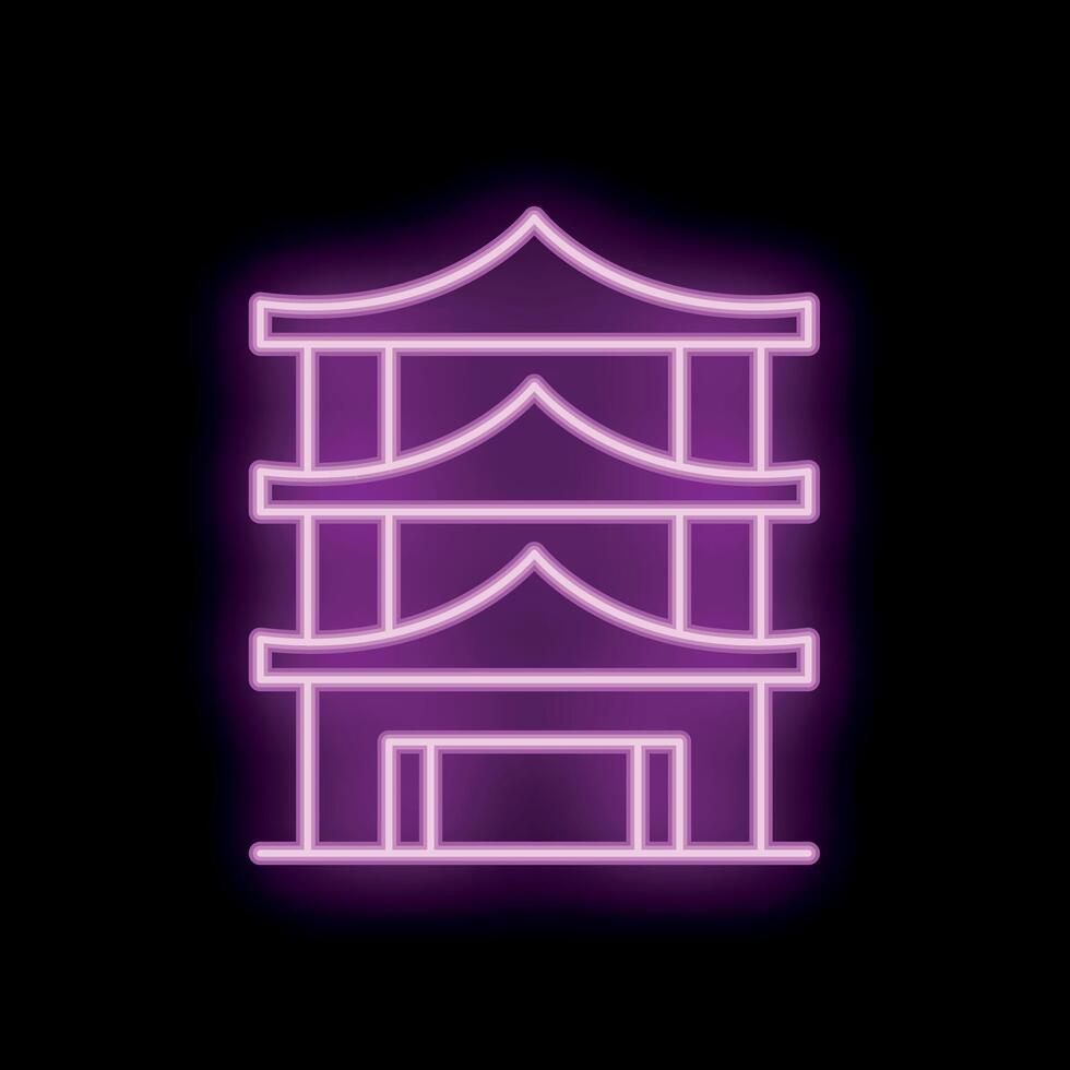Neon sign featuring a traditional japanese pagoda building glowing purple vector